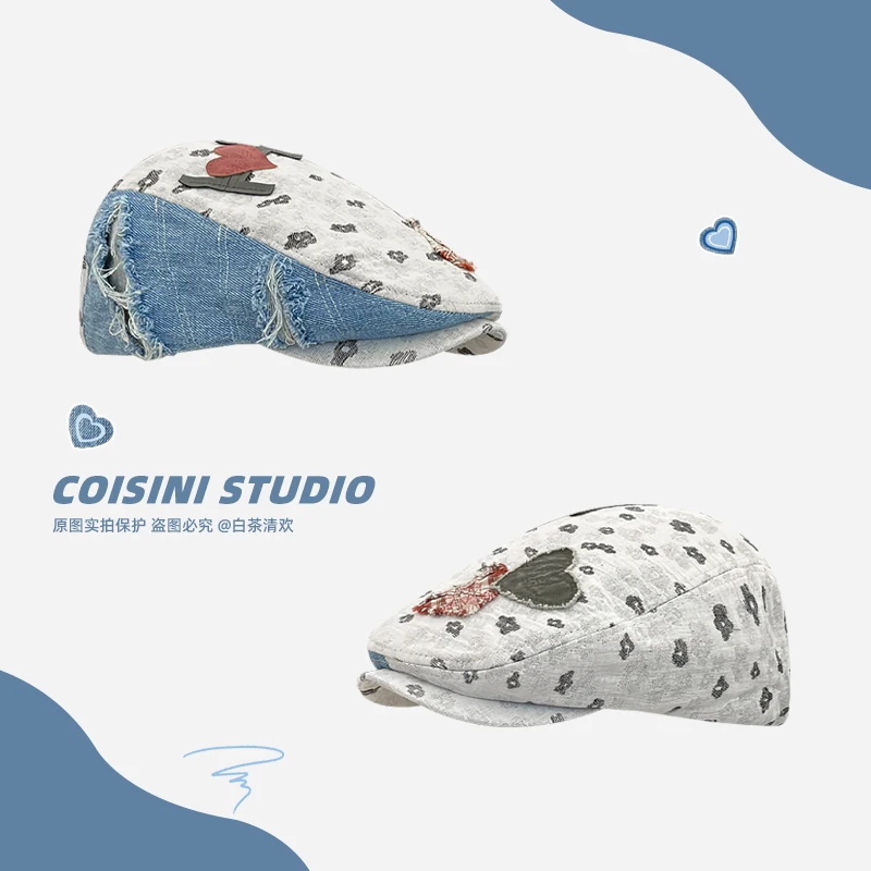 

Джинсовые береты с принтом в стиле ретро, кепка Y2K, весна-лето, повседневные универсальные литературные и художественные шапки художника для женщин