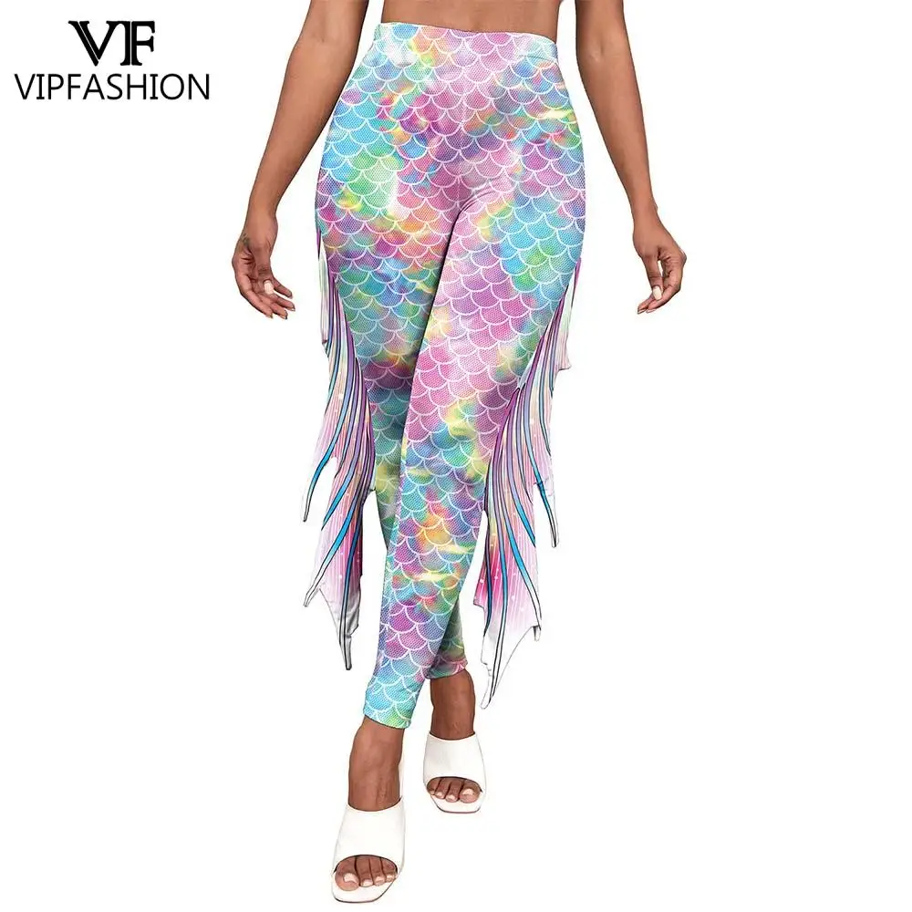 VIP FASHION Mermaid Cosplay Pants Fish Scales Printed Leggings Woman Summer Sexy Workout Trousers Ladies Casual Elastic Bottom