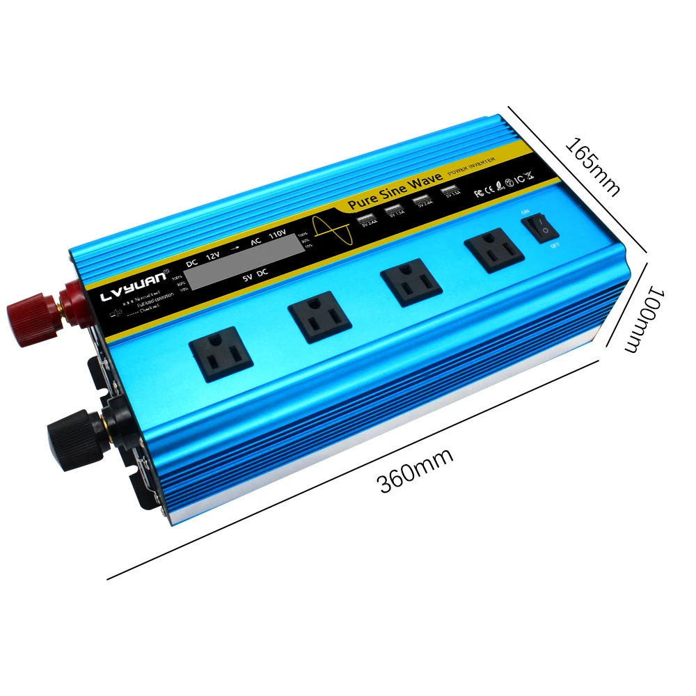 12000W Power Inverter DC 12V To AC 110V LCD Display Solar Power Converter Remote Control With 4 USB US Socket