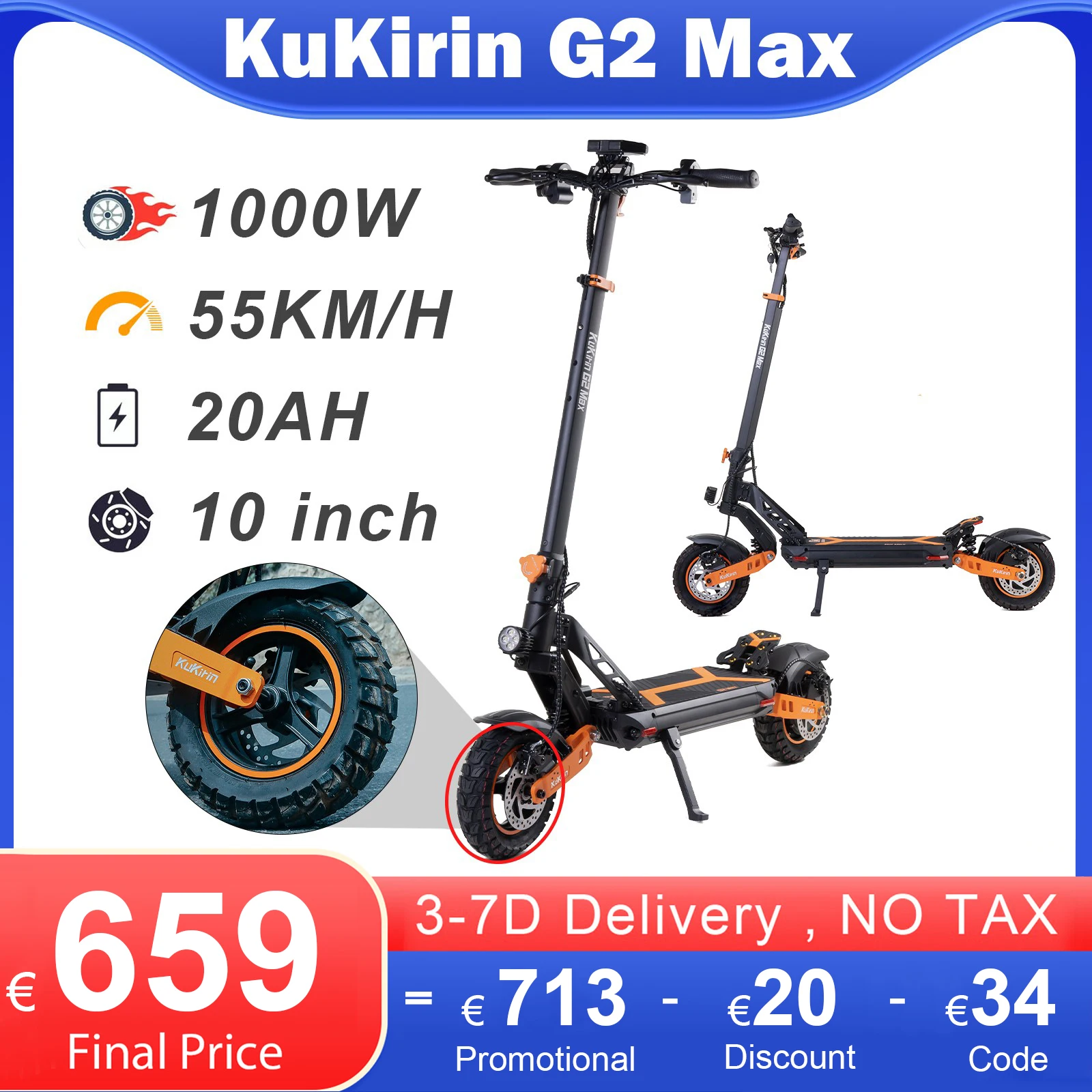 KuKirin G2Max 1000W Adults Electric Scooter 20AH Large Capacity 80KM Max Range Portable Escooter with 55KM/H 10