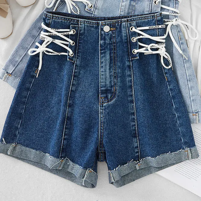 Denim Shorts Summer Bud Thin 2024 New High Waist Loose Thin Design Tie Rope Wide Leg Hot Pants Women