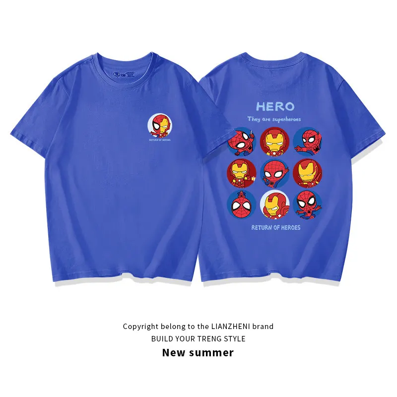 

New Printed Marvel Heroes Gathering Q Edition Fun Children's Fashionable T-shirt Cotton Round Neck Parent Child T-shirt