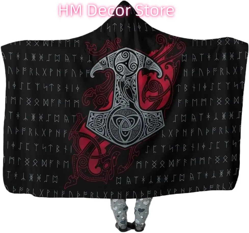 Viking Hooded Blanket Cloak Norse Pattern Wearable Blanket Warm Cozy Hooded Cape 3D Printed Fleece Blanket with Hood(80x60in/150