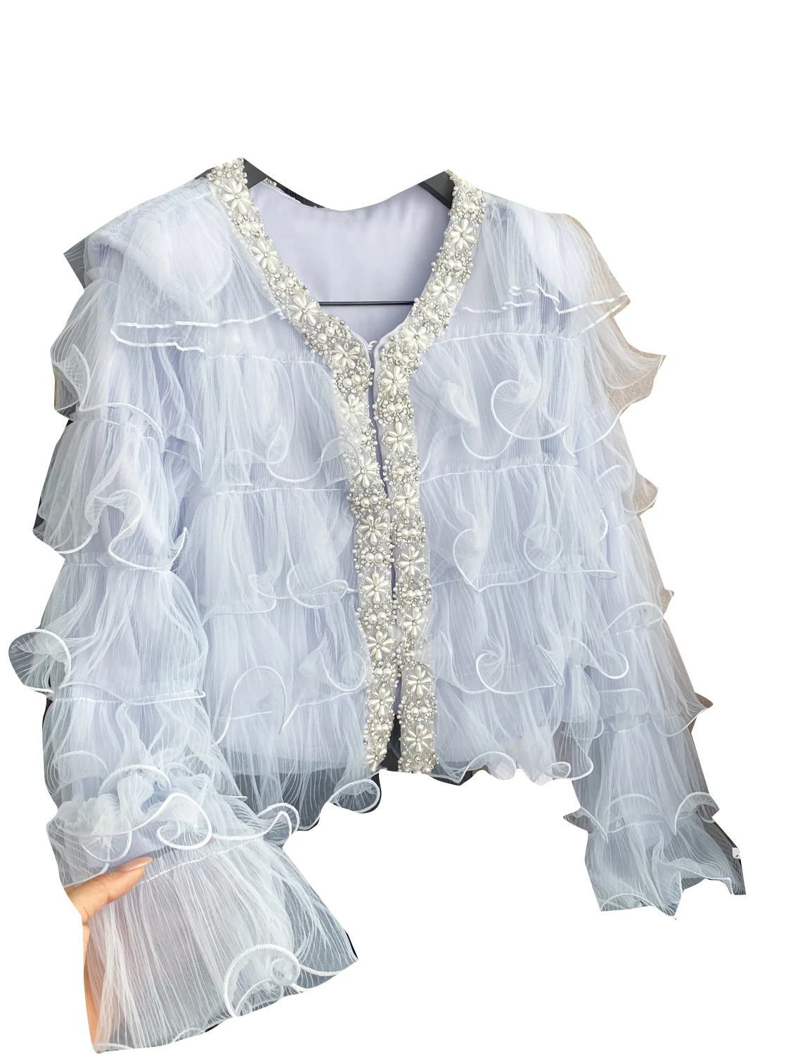 Ele Diamond Embedded V-Ne Open Vest Dames irt Luxe Sensation Parel Kant Stof Koreaanse Sle Loose Fit