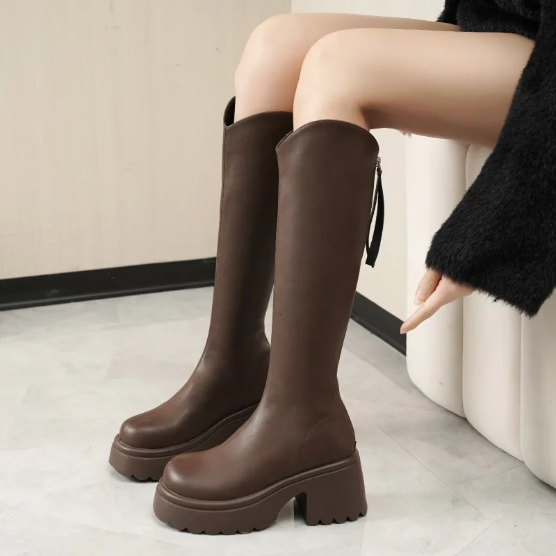 Bottes hautes en coton à talon optique pour femmes, cuir à tête ronde, fermeture à glissière arrière, semelle optique, anti-aldes, résistantes à l'usure, hiver, nouveau