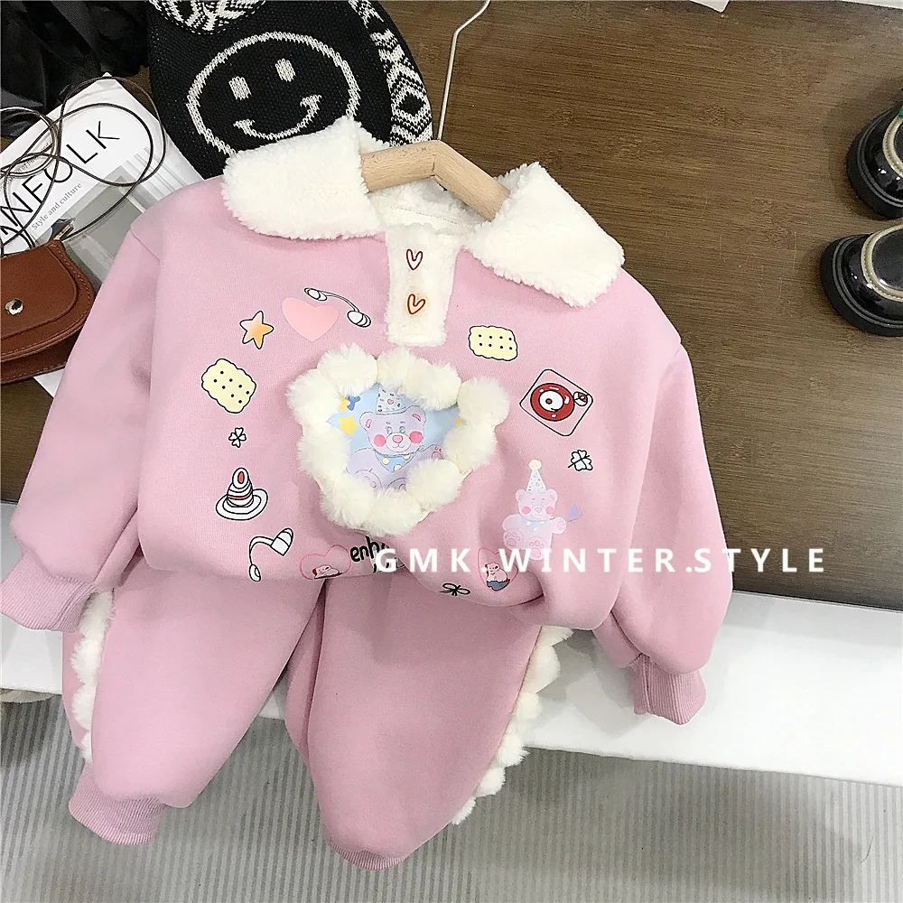 Children Girl Fleece Sweatshirt Outfits Winter Love Printed Turn Down Collar Pullovers Thick Jogger Pant Baby Girl Suits Clothes