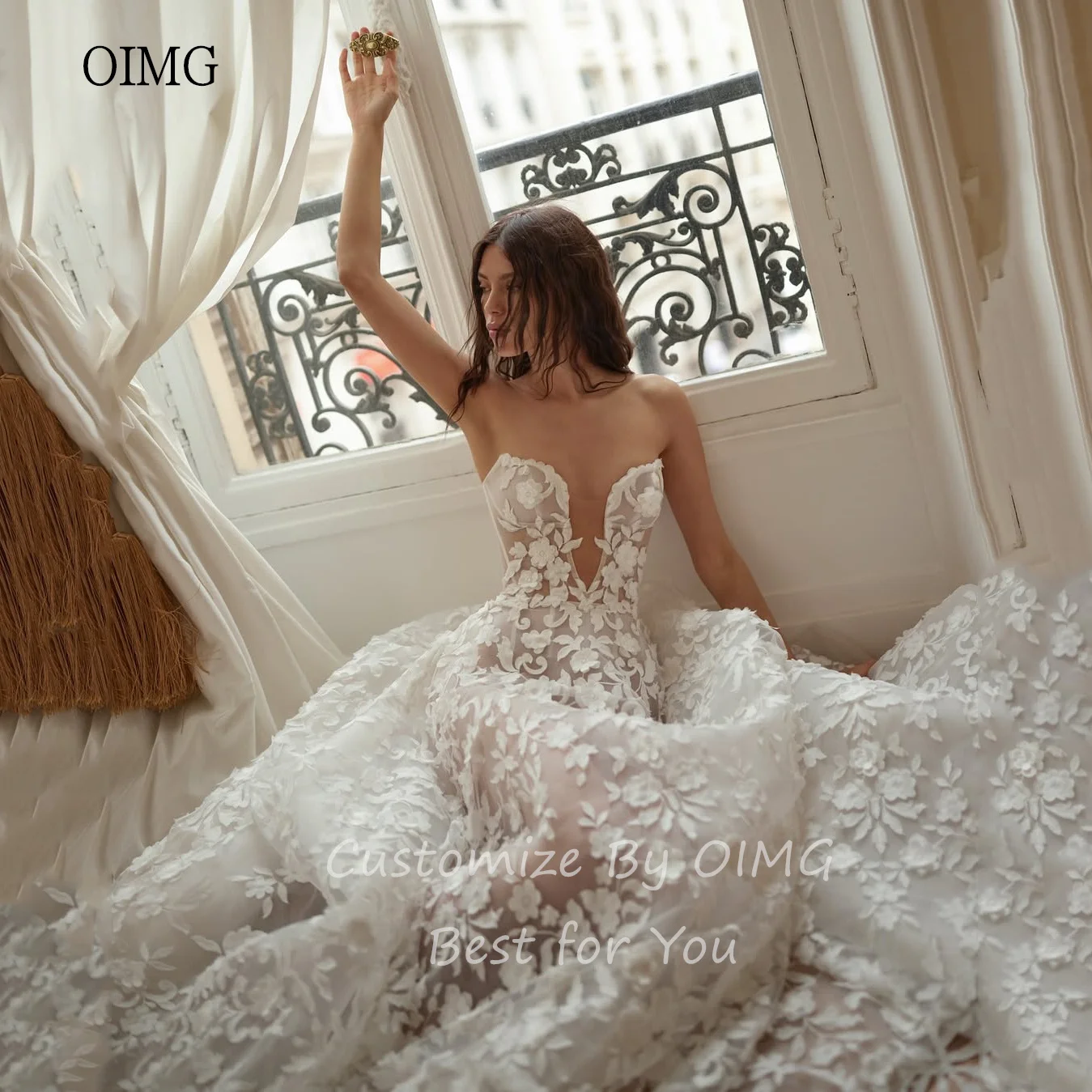 OIMG Elegant Strapless Ivory A Line Wedding Dress Lace Backless Bride  Dresses Sexy Floor Length Wedding Gowns New Customized
