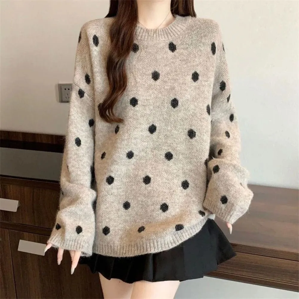 

Simple Long Sleeve Knit Short Sweater Autumn Loose Dot Crochet Knitwear Soft Women Top Sweet Girl's Pullover Women