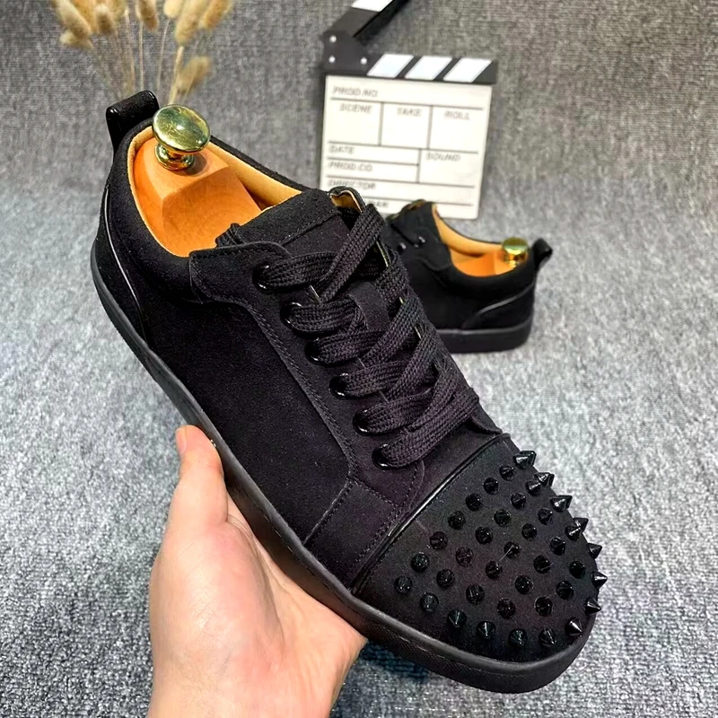 large size mens casual studded shoes lace-up cow suede leather rivets shoe stage singer DJ dress black flats spikes sneakers man