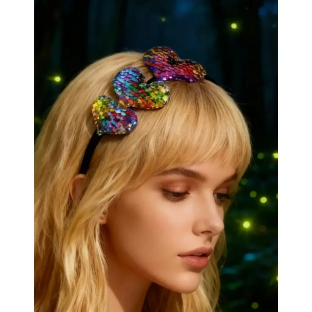 PESENAR Valentine's Day rainbow sequin heart-shaped headband: blending brilliance with playful charm