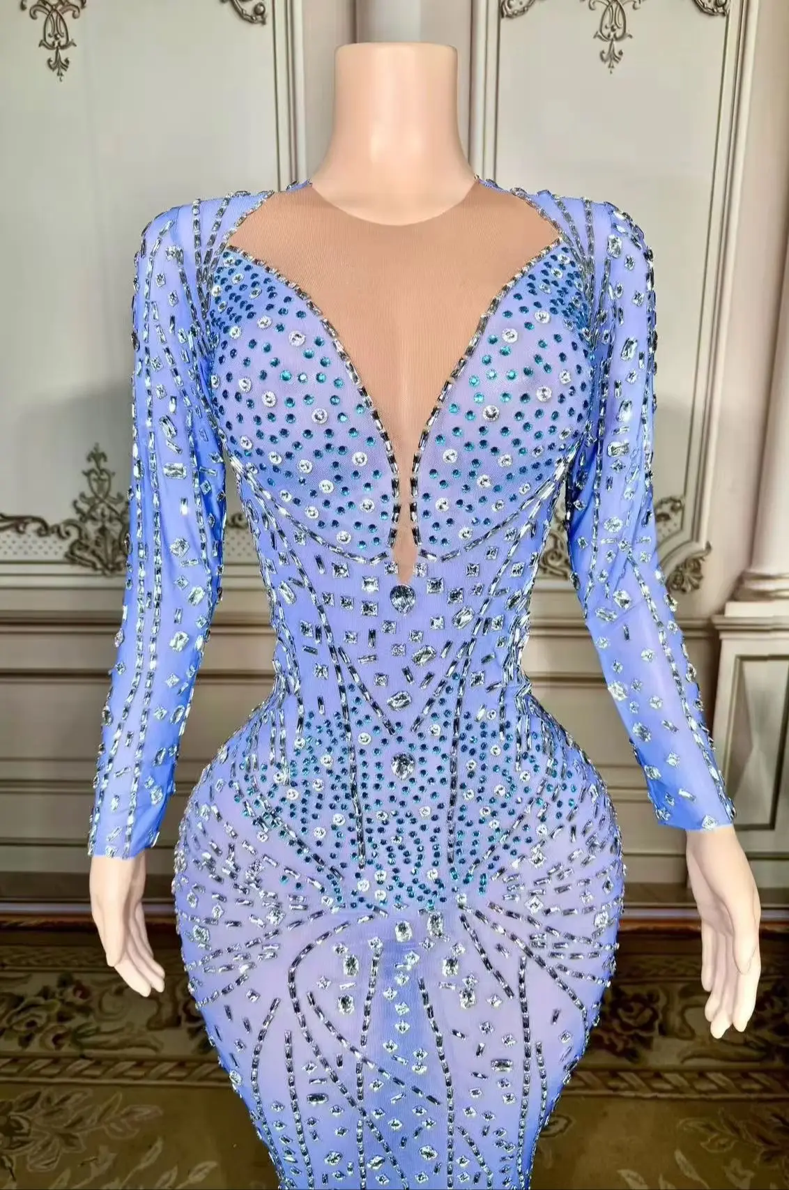 

ZD Sexy Blue Dress Stage Bling Silver Rhinestones Birthday Celebrate Dance Stretch Crystals Outfit Prom Singer Dance Collections
