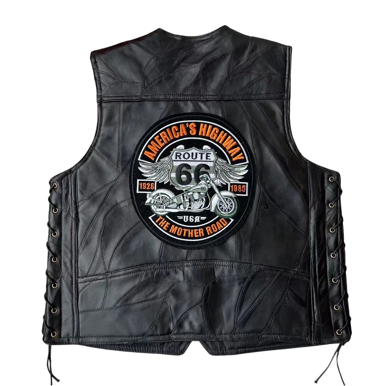 Retro Embroidery Men\'s Motorcycle Leather Vest Moto Vest Sleeveless Jacket Riding Vests Side Bandage Men Motorbike Waistcoat