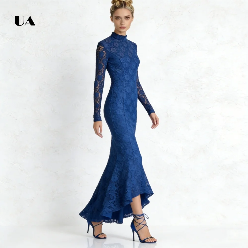 ULBYANRY Vestido de fiesta de sirena de encaje con mangas largas, vestidos de noche lisos con cuello simulado para mujer, vestido de fiesta asimétrico personalizado