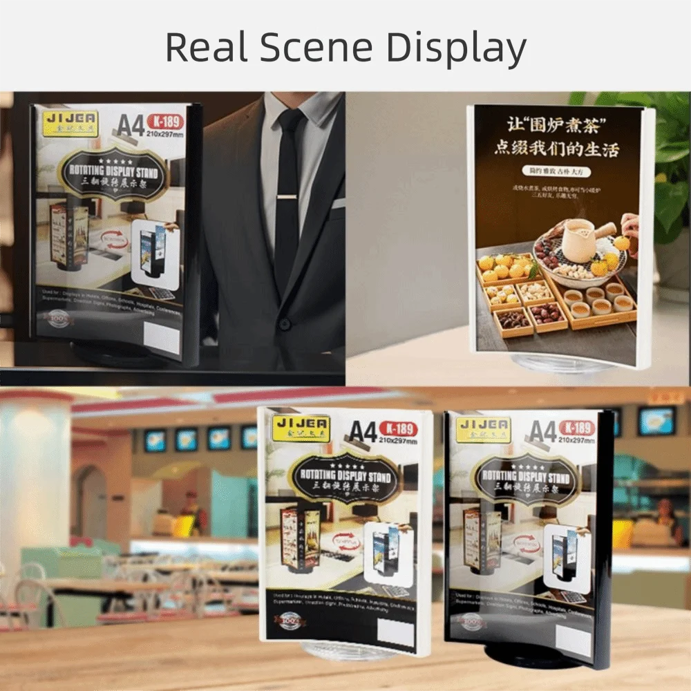 Scheda da tavolo girevole in acrilico a tre lati Espositore per menu trasparente A4/A5 Porta cartellino del prezzo verticale protettivo con superficie ad arco