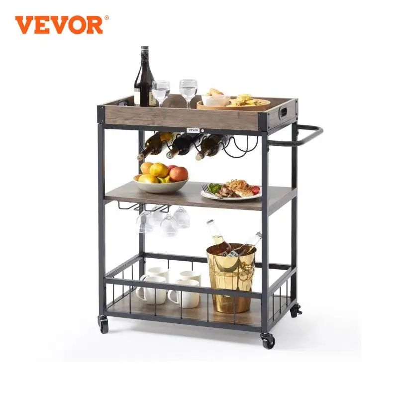 VEVOR 3-Tier Bar Wine Rack Cart Kitchen Food Truck on Wheels Vintage Mobile Serving Trolley w/MDF Board Steel Frame 110/300lbs