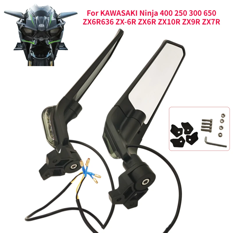 For KAWASAKI Ninja 400 250 300 650 ZX6R636 ZX-6R ZX6R ZX10R ZX9R ZX7R Retroviseurs Moto Wind Wing Rearview Mirror With Light