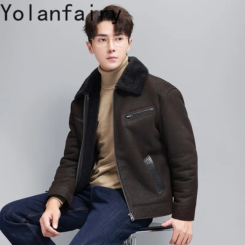 YOLANFAIRY 빈티지 패션 천연 모피 코트 남자 진짜 양가죽 가죽 모피 자켓 옷깃 겨울 새 스타일 따뜻한 모피 코트 jaqueta