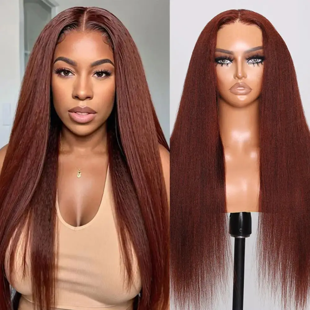 Reddish Brown Kinky Straight 13x6 Pre Cut Lace Front Wigs Human Hair Put on and Go Wig for Beginners Yaki Brazilian Preplucked