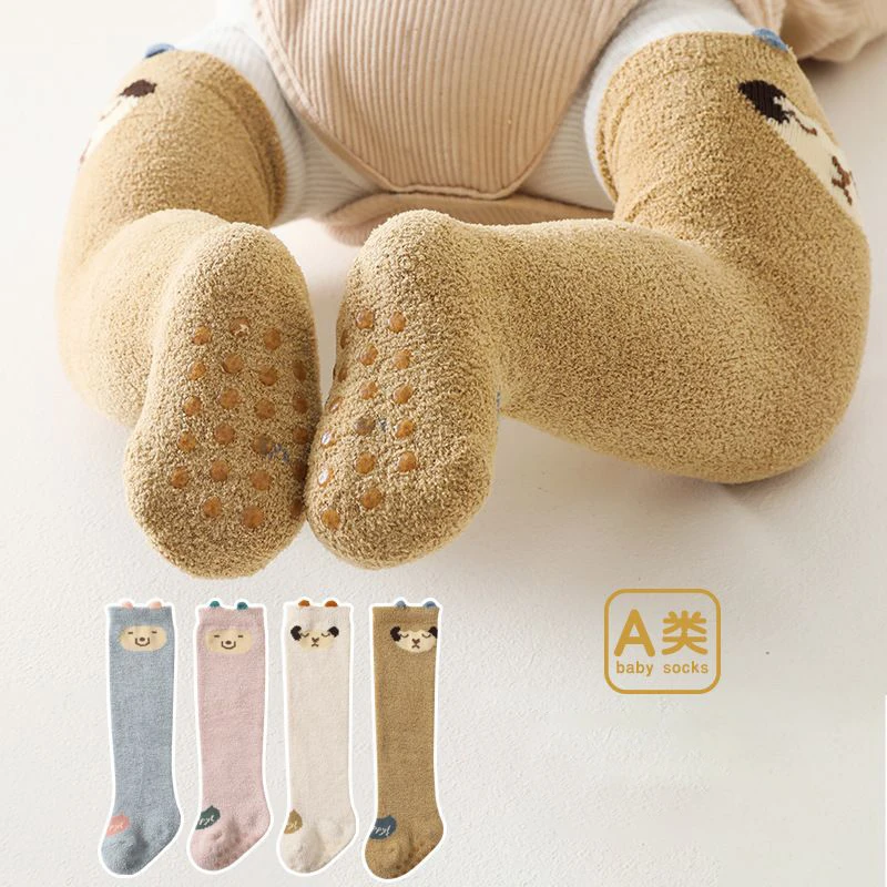 4 Pairs Baby Socks Autumn Winter Coral Fleece Thick Warm Cartoon High Tube Socks Newborn Non-Slip Floor Terry Socks