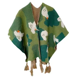 Poncho Cloak Tourism Shawl Autumn and Winter Ethnic Style Knitted Capes High-end New Style Outer Scarf Split Women Shawl Green