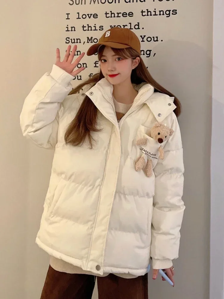 

Pink Cartoon Bear Appliques Jacket Parka 2024 Women Winter Hooded Coat Warm Casual Parkas Long Sleeve Cotton Liner Thick Outwear