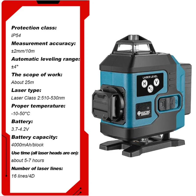 Electric Goddess 16 Lines 4D Laser Level Self-Leveling 360 Horizontal And Vertical Cross Super Powerful Green Laser Level