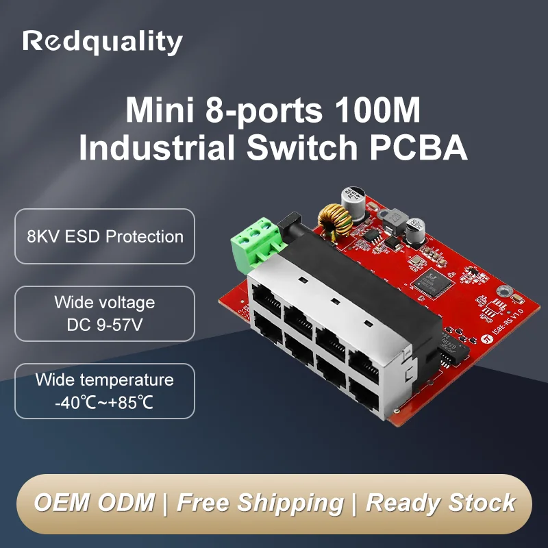 100M Network Switch PCBA 9V-57V DC Wide Input Industrial Fast Ethernet Board Unmanaged Switch Module for Security CCTV Router