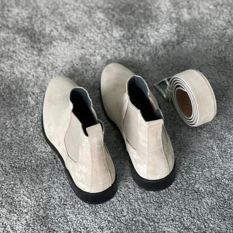 New In Men Chelsea Boots Beige Flock Round Toe Slip-On Business Handmade Men Boots  Botas De Hombre