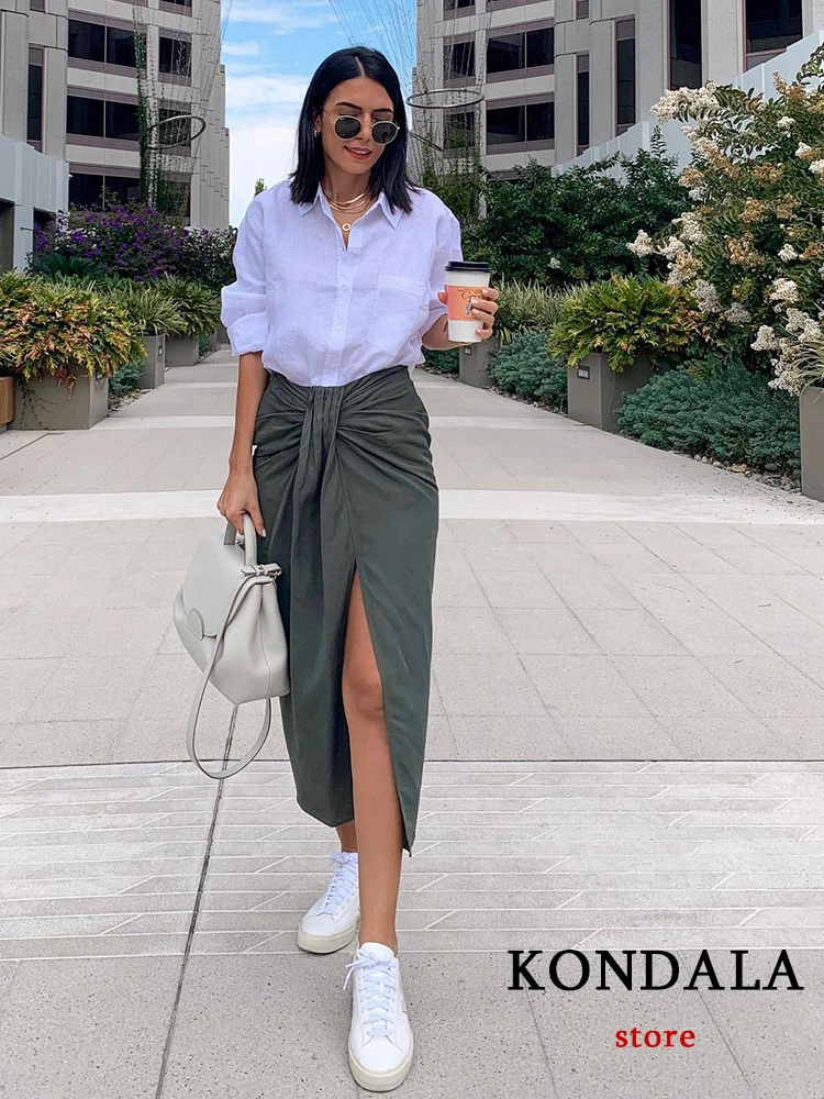 TRAF Vintage Office Lady Solid Women Suits Long Sleeve Bow Shirts Tops+Side Split Pleated Skirts Fashion 2023 Casual Sets