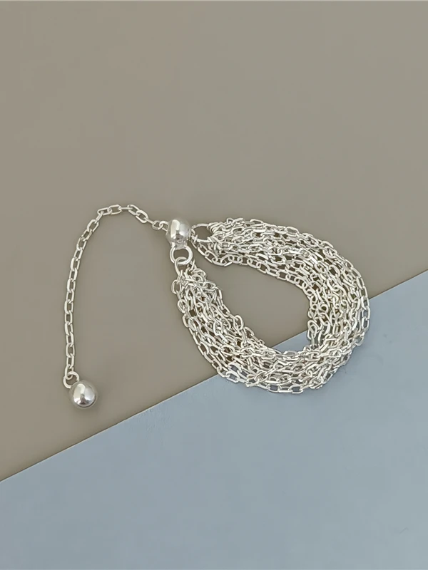 

Fashionable Vintage Multi-Layer Tassel Adjustable Chain Ring Pure Silver Artistic Elegant Women's Ring for Daily Wear
