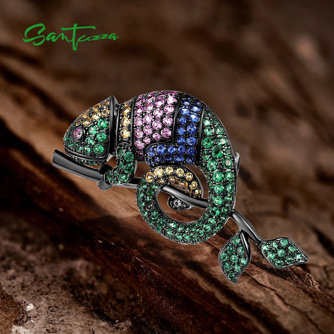 SANTUZZA Pure 925 Sterling Silver Brooch For Women Sparkling Colorful Gemstone Lovely Chameleon Birthday Gift Trend Fine Jewelry