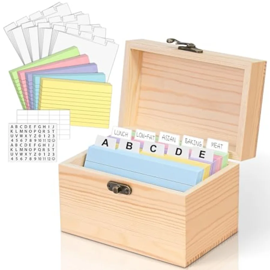 

Index Card Holder, Wooden Origanizer Recipe Box with 100 PCS Flash Cards, 30 Plastic Dividers, 1 Blank Sticker and 1 Letter Sti