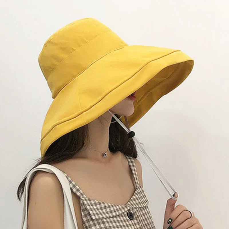 Oversized Summer New Cotton Breathable Big Brim Solid Color Fashion Bucket Hat Women Outdoor Travel Adjustable Sun Fisherman Hat