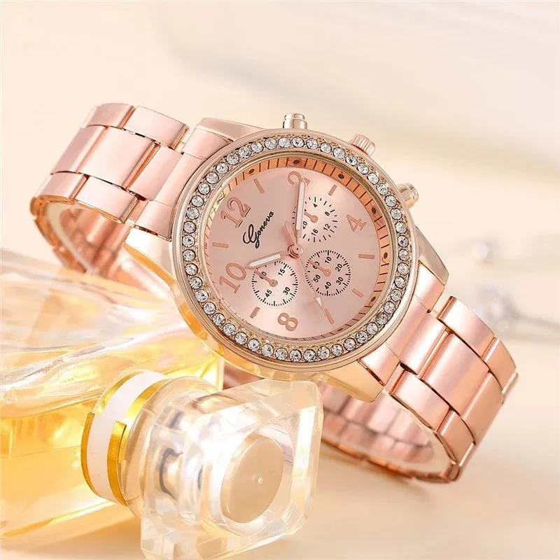 Fashion Luxury Women\'s Diamond Quartz Bracelet Set Watch Two Piece Set