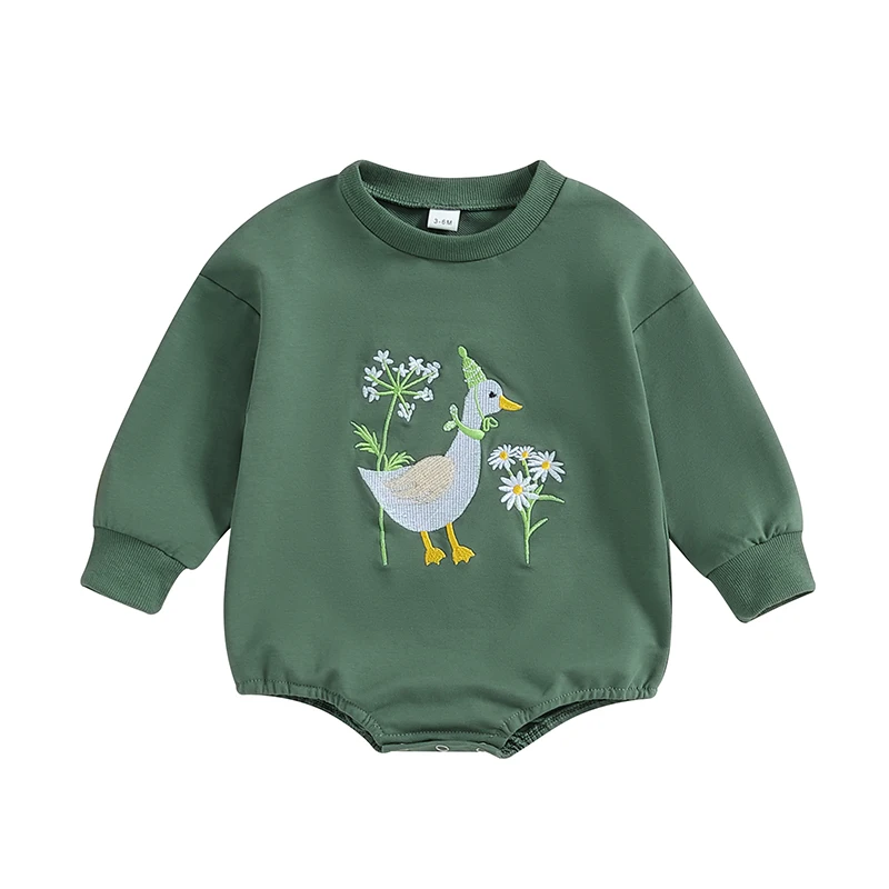 

Baby Girls Romper Long Sleeve Crew Neck Embroidery Duck Flower Bodysuit Clothes for Casual Daily