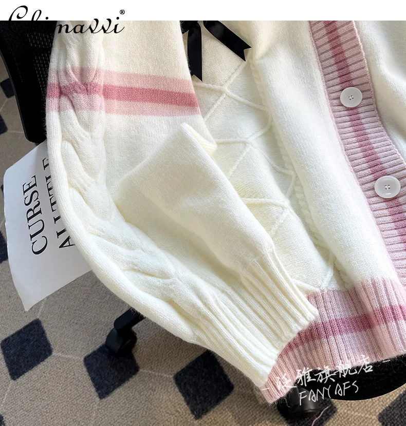 Preppy Style Cute Bow Patchwork Knited Cardigan Autumn Winter Japanese Sweet V-neck Single Breasted Loose Casual Pink Sweater