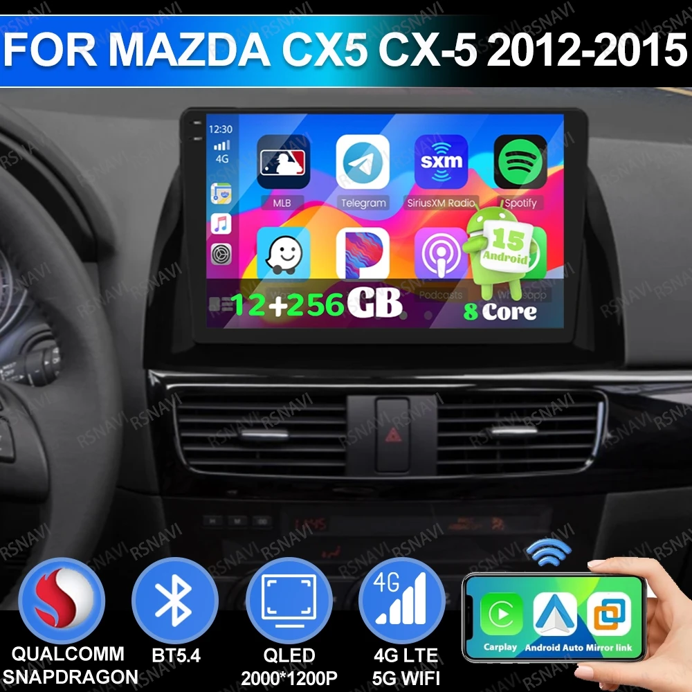 Android 15 para mazda cx5 CX-5 2012-2015 rádio do carro bt estéreo gps ai voz viedo player qualcomm dsp 4g lte multimídia qled auto