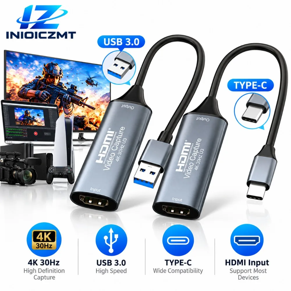 4K 30Hz HDMI Video Capture Card USB 2.0 USB 3.0 Type C Game Recorder for MacBook PS4 PC DVD Camera Live Streaming Windows PC