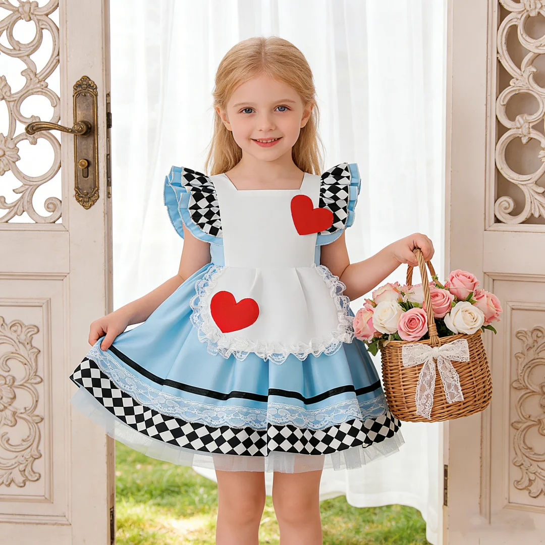 

Платье для маленьких девочек, костюм для выступлений «Алиса в стране чудес», плиссированная юбка, кружевное платье принцессы с принтом