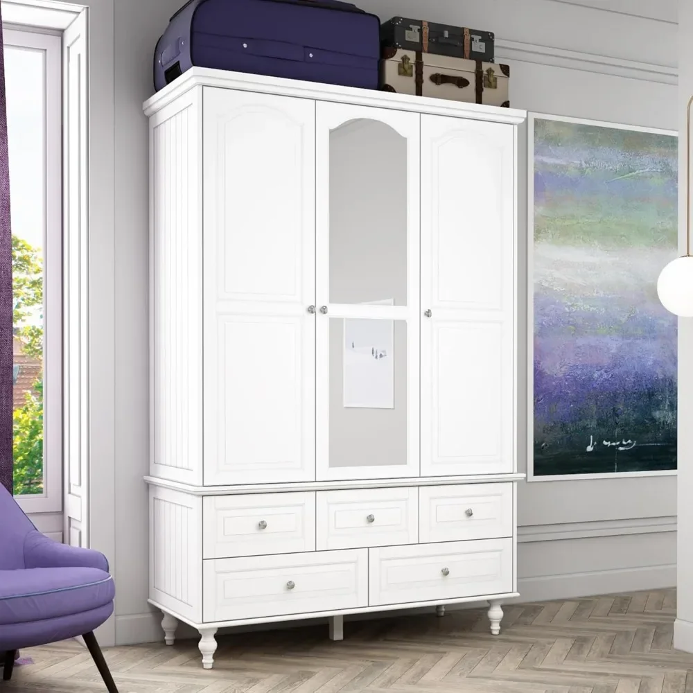 White wardrobe, wooden wardrobe with mirror, 5 drawers, 3 doors and shelves, 4-storey storage cube, and bedroom hanging pole