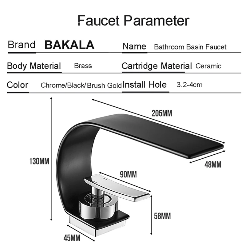 BAKALA Basin Faucets Brass Black Countertop Deck Mount Waterfall Bathroom Vessel Sink Faucet Square Lavatory Wash Mixer Taps