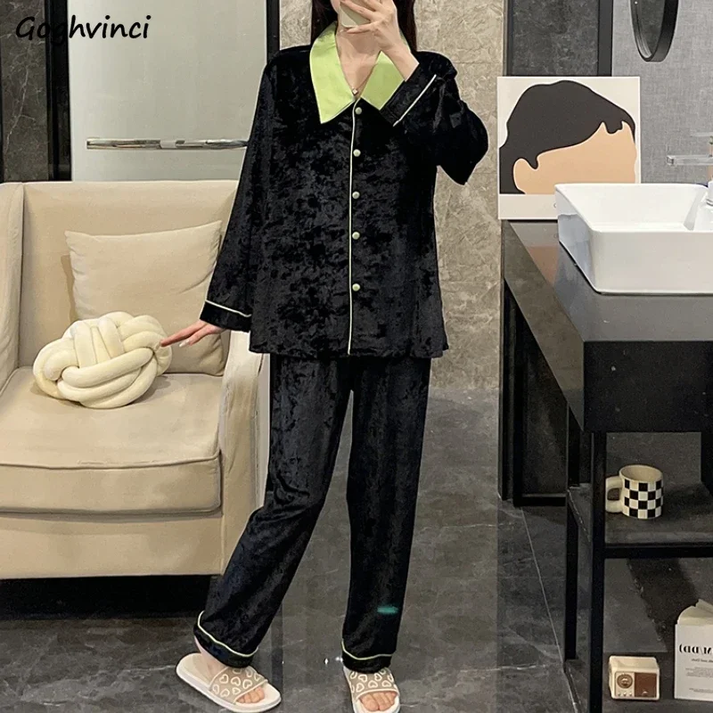 

Pleuche Pajama Sets Women Sweet Panelled Sleepwear Casual Plus Velvet Cozy Homewear Gentle All-match Lounge Autumn Females Chic