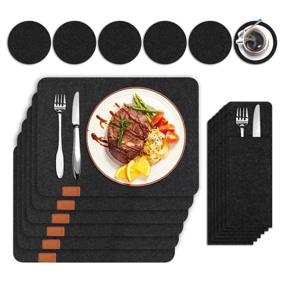 Tischsets und Untersetzer-Set, 6-teilig, waschbare Filz-Tischsets mit Untersetzer und Bestecktaschen, hitzebeständige Esstischmatten