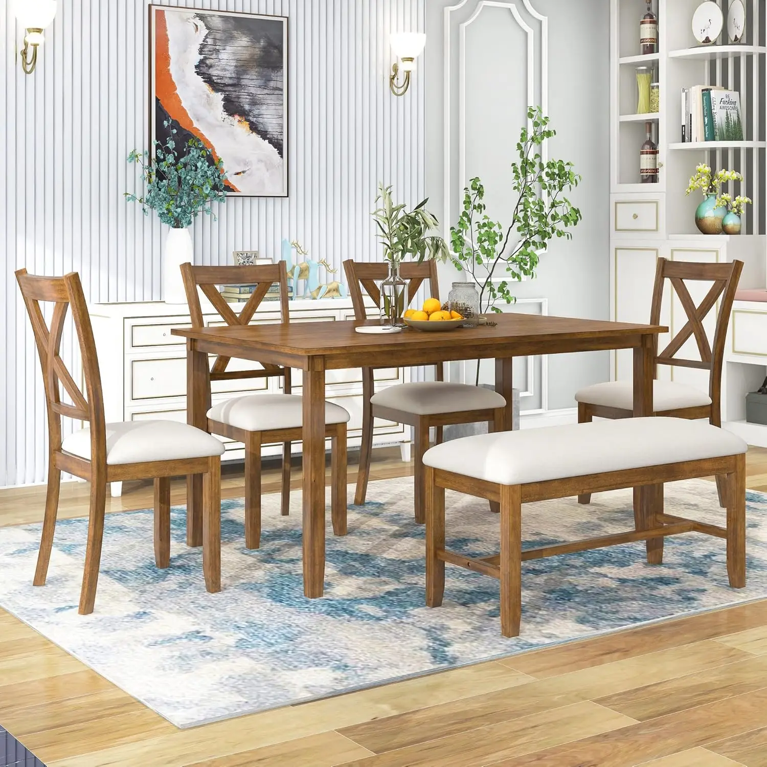 

6-Piece Kitchen Dining Table Set, Wooden Rectangular Dining-Table, 4 Chairs and Bench Family Furniture, Natural Cherry