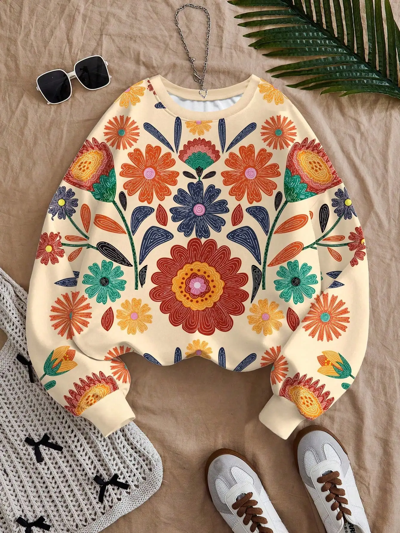 

Женская толстовка с длинным рукавом и круглым вырезом в стиле ретро с цветочным принтом, свободного кроя для осени и зимы