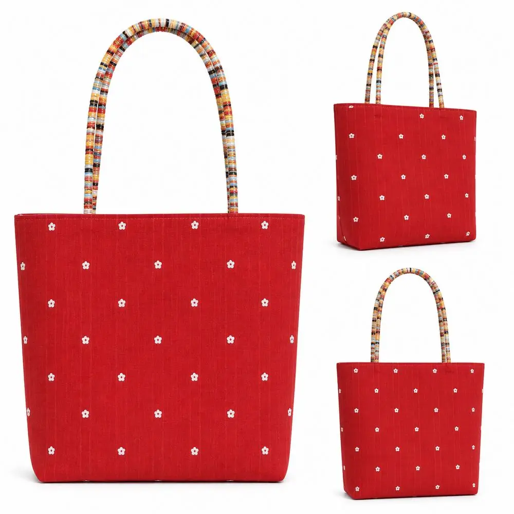 New Polyester Floral Tote Bag Red Floral Pattern Large Capacity Shopping Tote Bag Contrast Handheld Without Pendant Shopping Use