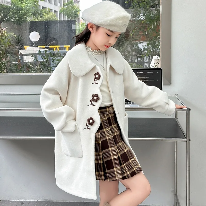 Girls Coat Autumn and Winter Woolen Coat 2024 New Fashion Girls Big Children Thickened Medium Long Clip Cotton Clothes