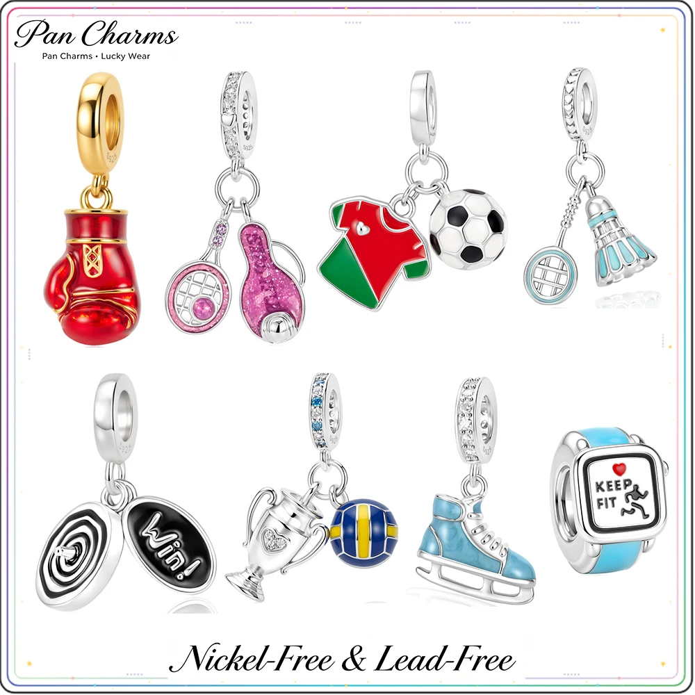 Pan Charms Baseball Boxing Skating Tennis Badminton Soccer Pendant Charm Bead Sport Energy Vitality DIY Jewelry for Bracelet