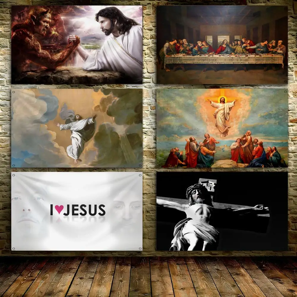 Jesus Retro Christianity Faith Flags   Banner For Garage Door Room Decor Wall Out Decoration With Metal Buckle