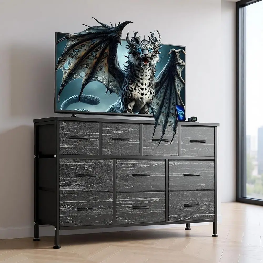 

43 TV Stand with Power Outlet, Suitable for Bedroom or Living Room, 10 Drawers, Black Wood Grain
